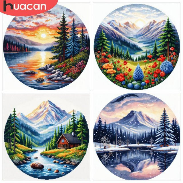 HUACAN Stickerei Set Berglandschaft mit See und Fluss, 11Ct bedruckte Leinwand für Handarbeiten, Mehrfarbig, B/H: 30 x 30 cm - Bild 1