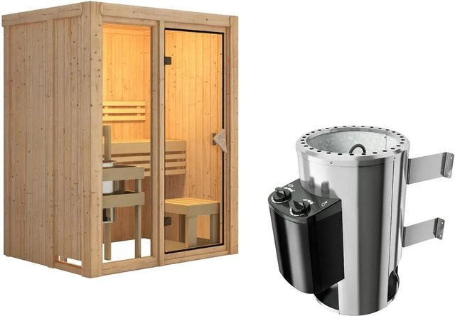 Karibu Sauna Sky 1 Naturbelassen mit 3,6 kW Ofen und integrierter Steuerung in Braun - Bild 1