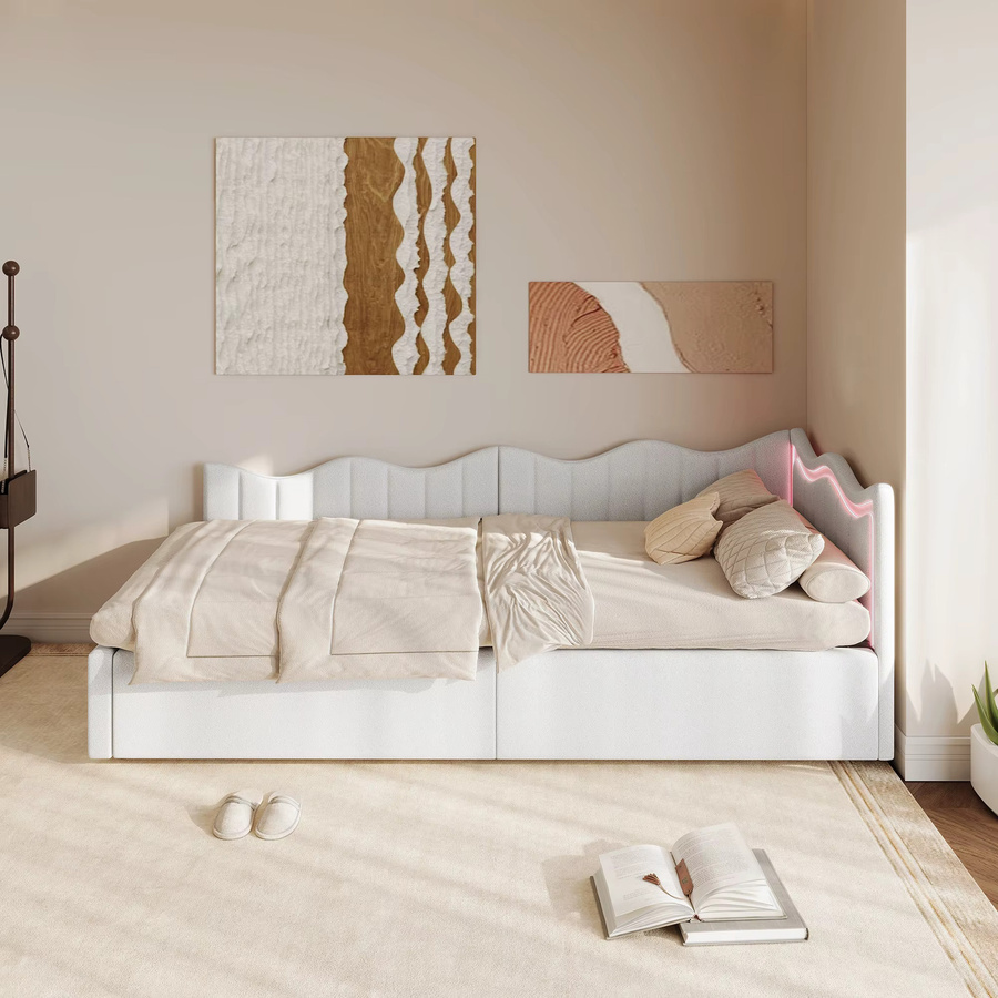 Polstersofa-Bett in Beige mit LED-Unterbettbeleuchtung und Lattenrost, modernes Tagesbett als Doppelbett für Jugendzimmer und Schlafzimmer, B/T/H: 140 x 200 cm - Bild 3