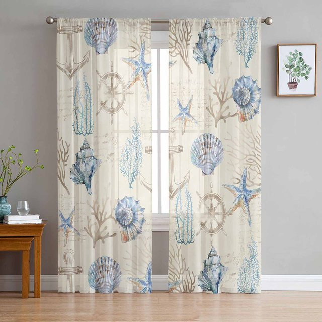 Super Six Tüll-Vorhänge im maritimen Design mit Ozean-Motiven, 2er-Set, Mehrfarbig, B: 135 cm, H: 137 cm - Bild 1