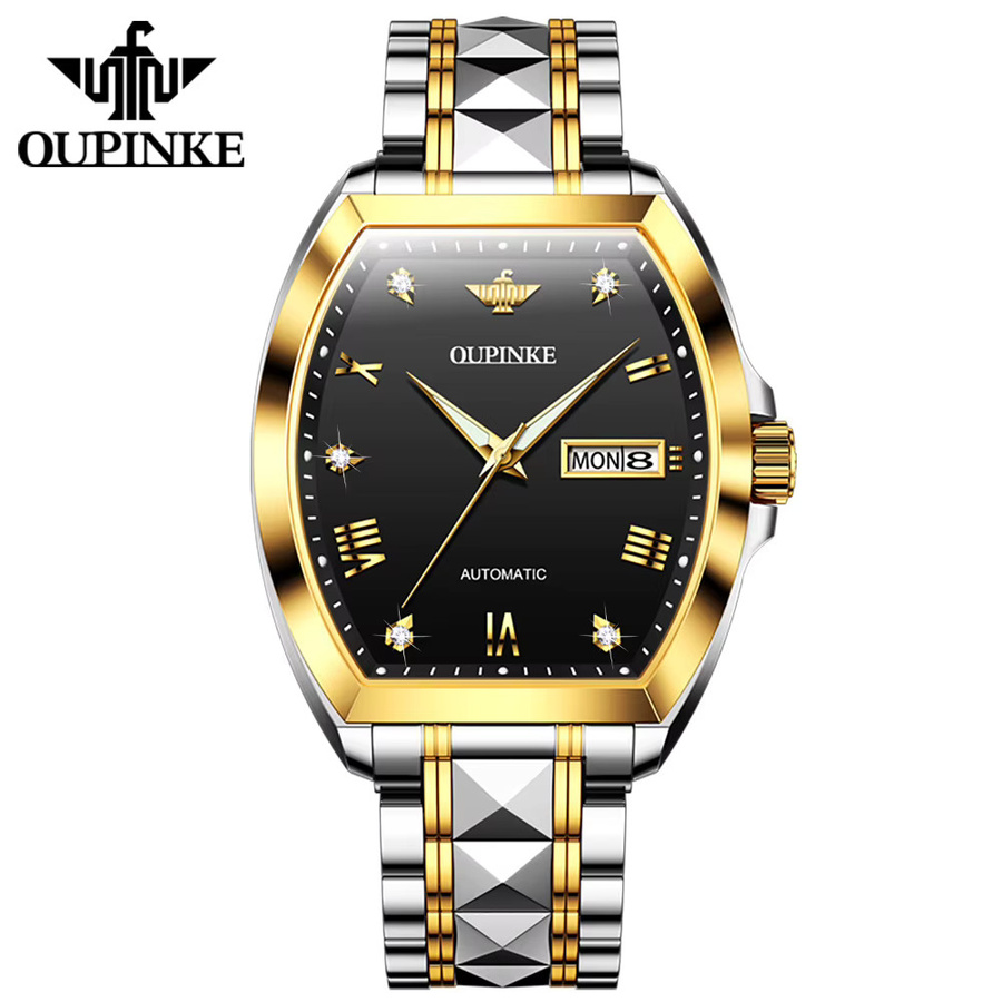 OUPINKE Armbanduhr Automatik, Edelstahl, Doppelkalender, Herren, Schwarz - Bild 7