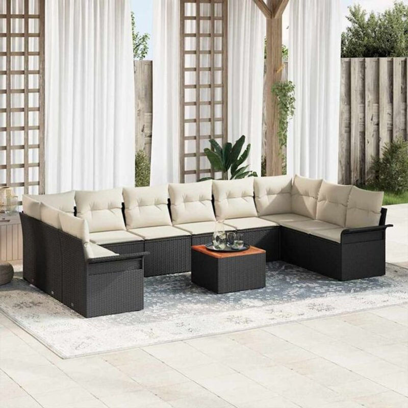 Vidaxl Garten-Sofa-Set aus Polyrattan mit 10 Teilen in Schwarz und Creme, Loungemöbel Modern, B/T/H: 55 x 55 x 37 cm - Bild 1