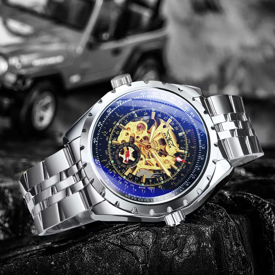 JARAGAR Armbanduhr Automatik, Skelett, Edelstahl, Leder, Herren - Bild 5