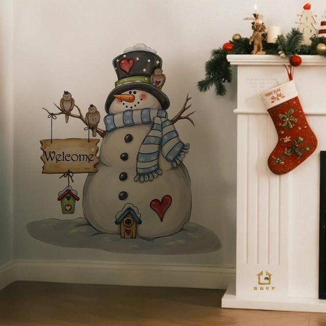 BRUP Schneemann-Wandaufkleber mit Schal und Vogelhaus, weihnachtlicher Wandsticker in Mehrfarbig, einfach zu klebender Weihnachtsdekor für Wohnzimmer und Eingangsbereich - Bild 1