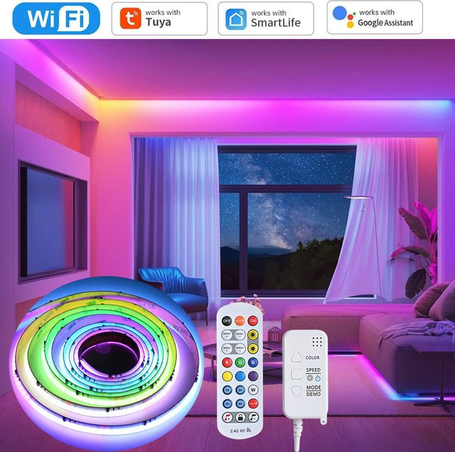 CENFAYA Tuya WiFi COB RGBIC LED-Streifen 12V, 5m adressierbare Partybeleuchtung mit Musik-Synchronisation, Multicolour, inklusive Fernbedienung, kompatibel mit Alexa und Google Home - Bild 1