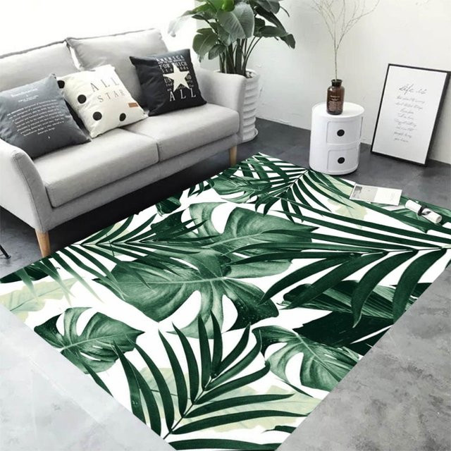 Rutschfester Wohnzimmerteppich in Grün mit modernem Monstera-Blatt-Design und floralem Dschungel-Muster - Bild 1