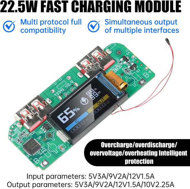 diymore 22,5 W Schnelllade-Powerbank Motherboard mit Digitalanzeige und TFT-Farbe für ternäre Lithiumbatterien, PD QC Schnelllademodul - Bild 1