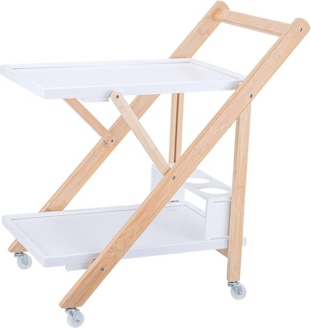 Relaxdays Servierwagen aus Bambus in Weiß und Braun, 2 Etagen, klappbar mit Flaschenhalter und Rollen, B: 70 cm, T: 44 cm, H: 39,5 cm - Bild 1