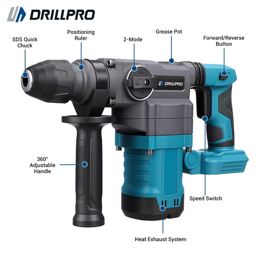 Drillpro Multifunktionaler Bürstenloser Akku-Bohrhammer 26mm in Blau für Makita LXT Akkus - Bild 5