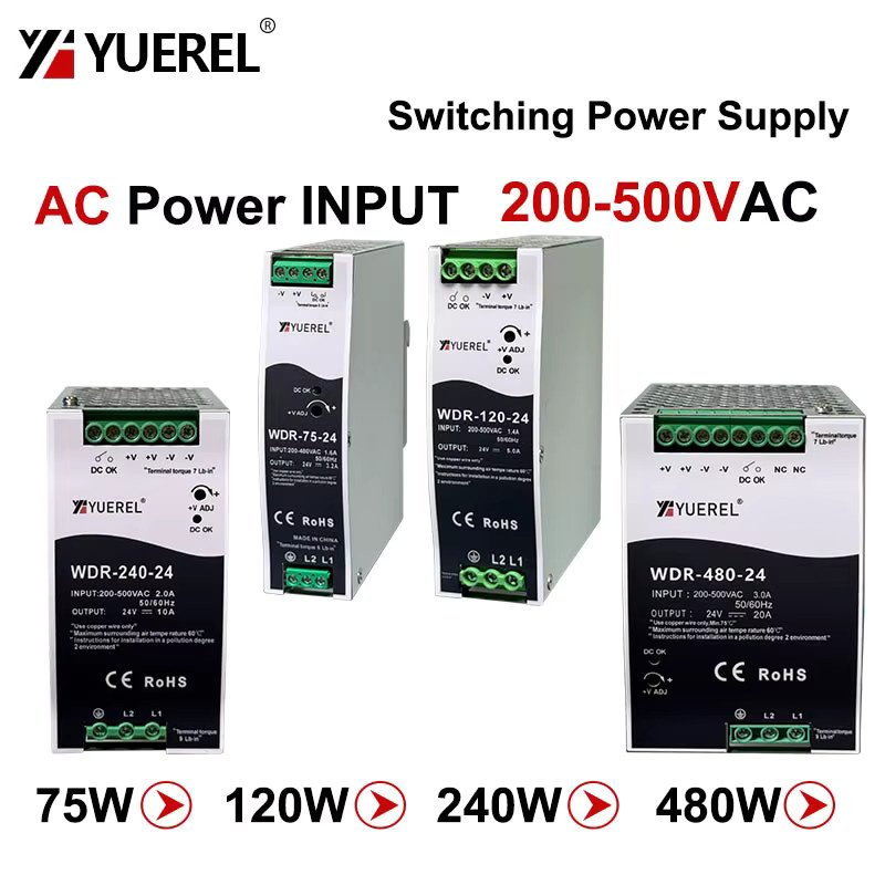 YUEREL Industrielles DIN-Schienen-Schaltnetzteil mit Einzelausgang, 380V AC Eingang, wählbar zwischen 75W, 120W, 150W, 240W oder 480W, 12V, 24V oder 48V Ausgang - Bild 2