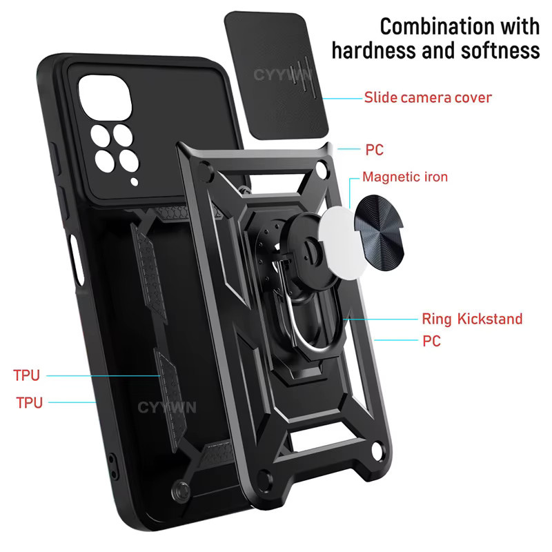 Slide Kamera Objektiv Schutz Rüstung mit Ring Halterung und Push Abdeckung für Xiaomi Redmi Note 14 13 12 11 Pro Plus 11s 12s in Schwarz und Silber - Bild 4