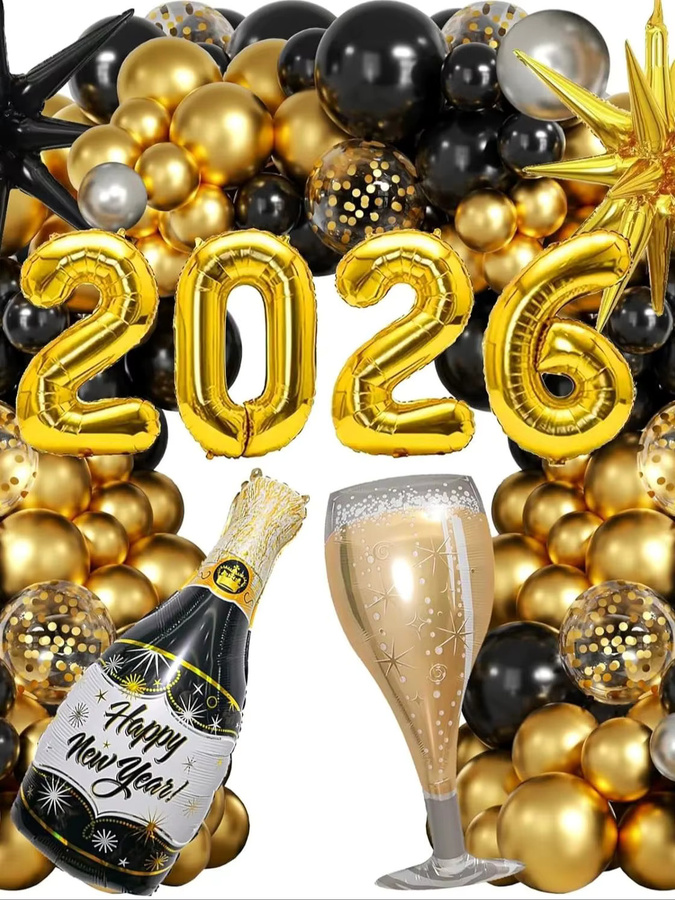 Silvester Party Set Gold mit Folienballons in Form von Weinflasche und Weinglas für das Jahr 2026 - Bild 6