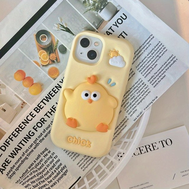 Gelbe iPhone 16 Pro Max Handyhülle aus Silikon mit dreidimensionalem Küken-Design - Bild 1