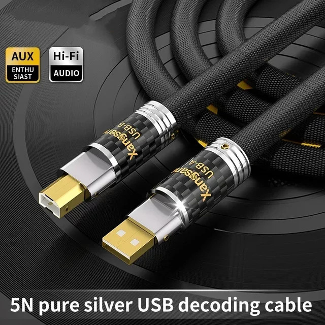 HighBass Hi-End USB 2.0 Kabel aus reinem 5N Silber A auf B/A auf EIN für HiFi Audio Verstärker Soundkarte und DAC in Schwarz - Bild 1