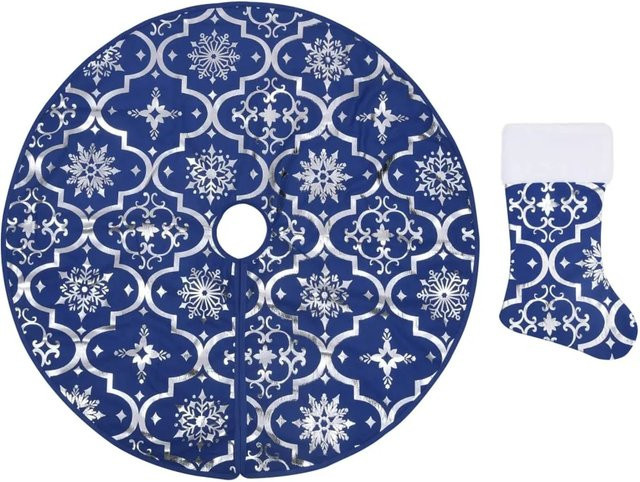 vidaXL Luxus-Weihnachtsbaumdecke mit Socke in Blau mit Schneemuster aus Polyester, Durchmesser: 122 cm - Bild 1
