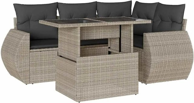 vidaXL 5-teilige Garten-Sofagarnitur aus Poly-Rattan mit Kissen in Hellgrau - Bild 1