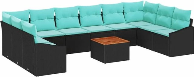 vidaXL Gartensofa-Set aus Poly-Rattan und Akazienholz in Schwarz mit 11-teiligem Polster-Set und Tisch - Bild 1