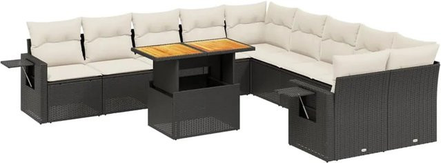 vidaXL 11-tlg. Garten-Sofagarnitur aus Polyrattan in L-Form mit Kissen, Schwarz und Weiß - Bild 1