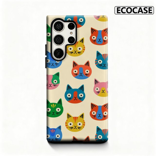 Handyhülle mit bunten Katzengesichtern für Samsung Galaxy S25 Ultra, S24 und S23 Ultra Plus mit glänzender doppellagiger Rückseite in Multicolor - Bild 1