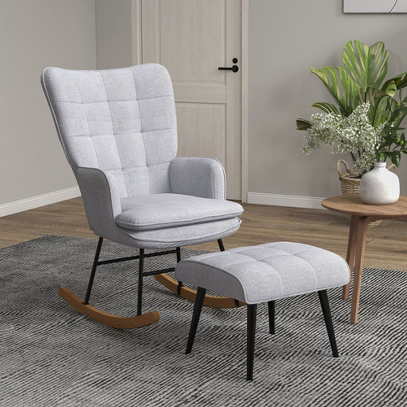 HOMCOM Schaukelstuhl mit Hocker in Leinenoptik, Grau, B/T/H: 64 x 89 x 90 cm - Bild 3