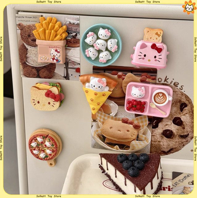 Sanrio Kitty 3D Kühlschrankmagnete aus Harz mit süßen Lebensmittel-Miniaturen wie Toast, Sandwich und Pizza in Multicolor - Bild 1