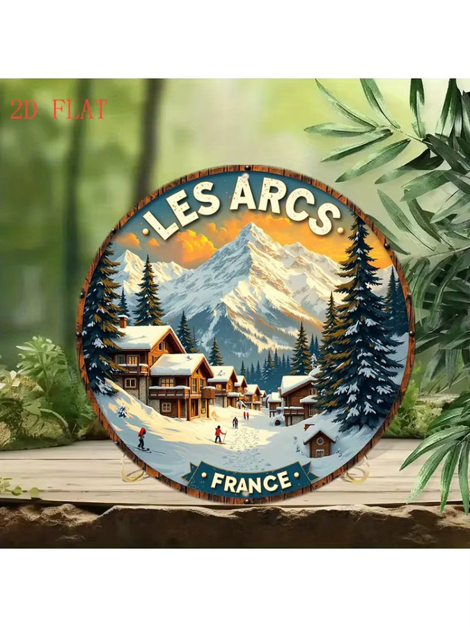 Potdemiel Metallwandkunst Les Arcs Ski Resort Frankreich Rundschild Winterszene mit Berghütten und Skiliften, Durchmesser: 20,32 cm, Mehrfarbig - Bild 6