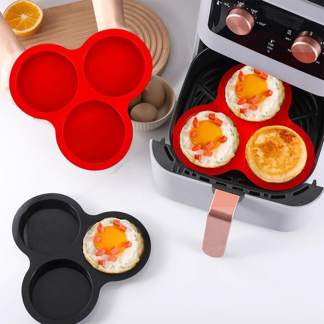 Rote Silikon-Eiform mit 3 runden Mulden für Luftfritteuse, Ofen und Toaster zum Backen von Eierpattys und Cupcakes - Bild 1