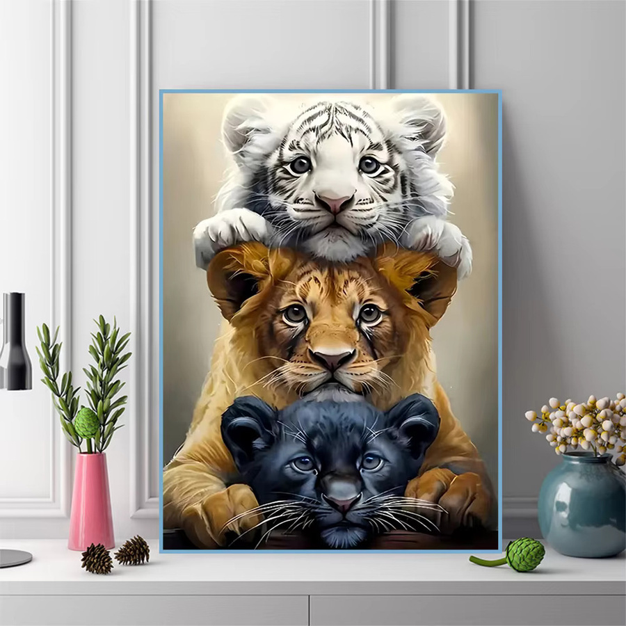 Momoart DIY Diamantmalerei mit Rundmosaik Tiger und Löwe als Kreuzstich Stickerei für deine Wanddekoration in Mehrfarbig - Bild 3