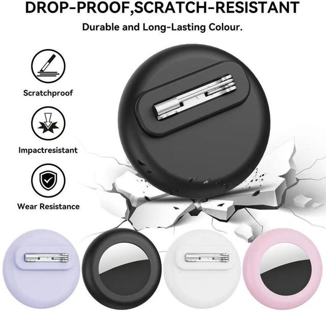 XDcase Silikon-Tracker-Hülle für AirTag 1. und 2. Generation in Lila mit Schlüsselanhänger und Broschen-Pin, wasserdicht - Bild 1