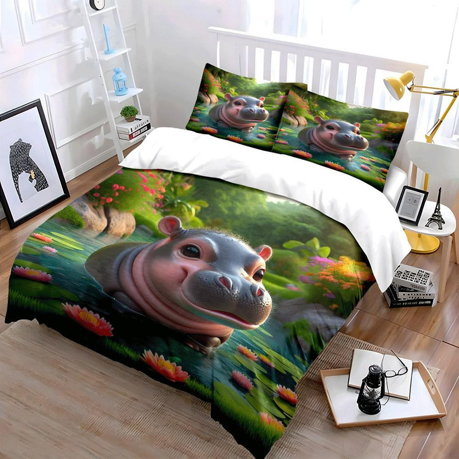 Dreiteiliges Bettwäsche-Set mit Flusspferd-Motiv für Kinderzimmer, EU Twin, B/H: 135 x 200 cm - Bild 2