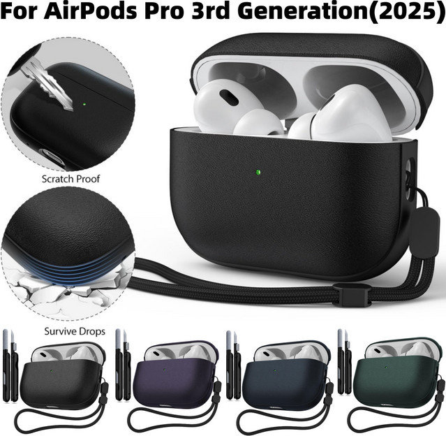 Leder Schutzhülle für Apple AirPods Pro 3 mit Lanyard in Schwarz oder Grün - Bild 1