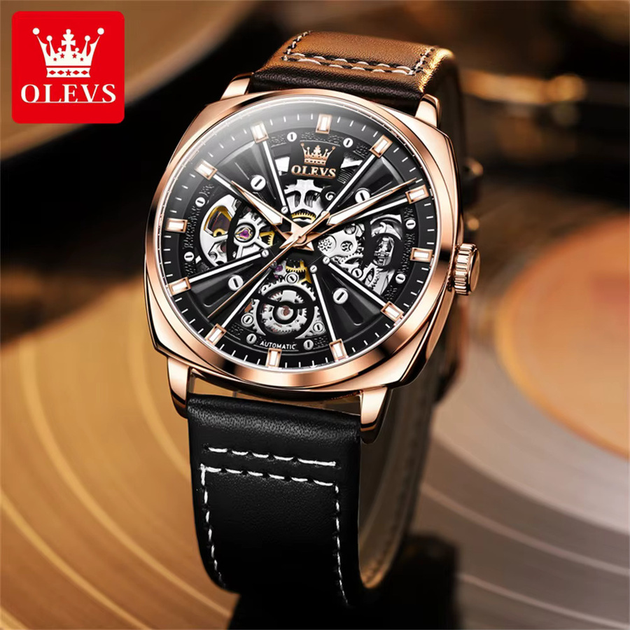 OLEVS Armbanduhr Automatik, Skelett, Schwarz, Leder, Herren - Bild 2