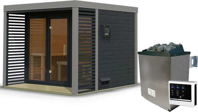 Karibu Saunahaus Seros aus Fichte und Espe mit 9 kW Ofen, externer Steuerung und Ganzglasfront in Anthrazit/Grau - Bild 1