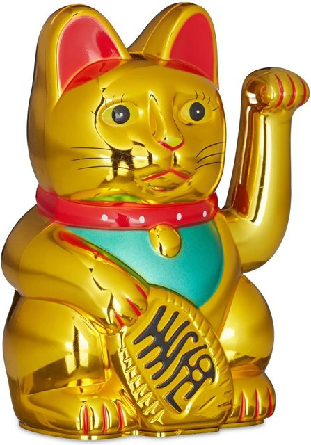 Relaxdays Maneki Neko Winkekatze aus Kunststoff in Gold, batteriebetrieben, B/T/H: 16 x 10 x 8 cm - Bild 1
