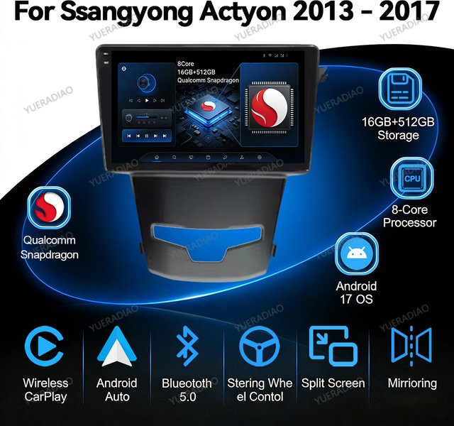 Android 17 Autoradio für SsangYong Korando 3 und Actyon 2 (2013 - 2017) mit DVD, Rückfahrkamera, Bluetooth und Mirror Link Touchscreen in Schwarz - Bild 1