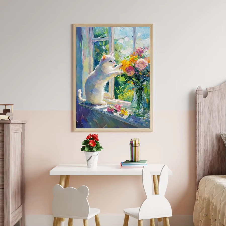 SHENCHEN Impasto Wandbild Dekoration Weiße Katze mit Blumen in Spachteltechnik auf Holz - Bild 2