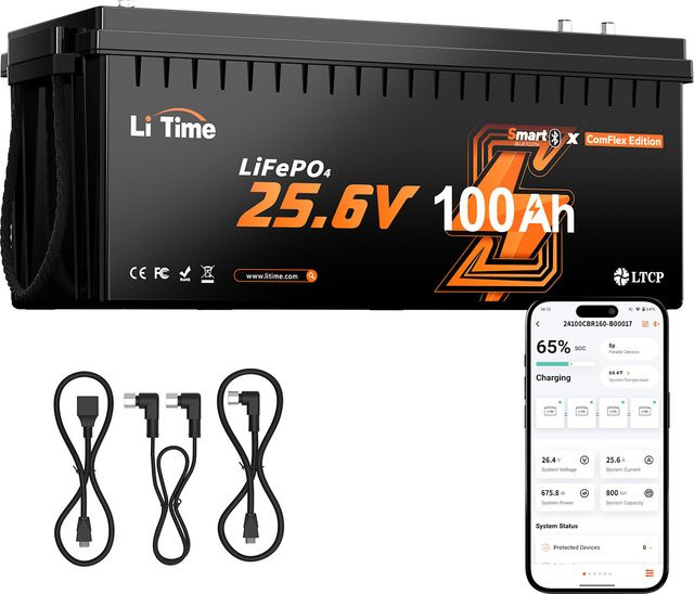 LiTime 24V 100Ah LiFePO4 Lithium Batterie mit Bluetooth, Victron kompatibel, Schwarz - Bild 1