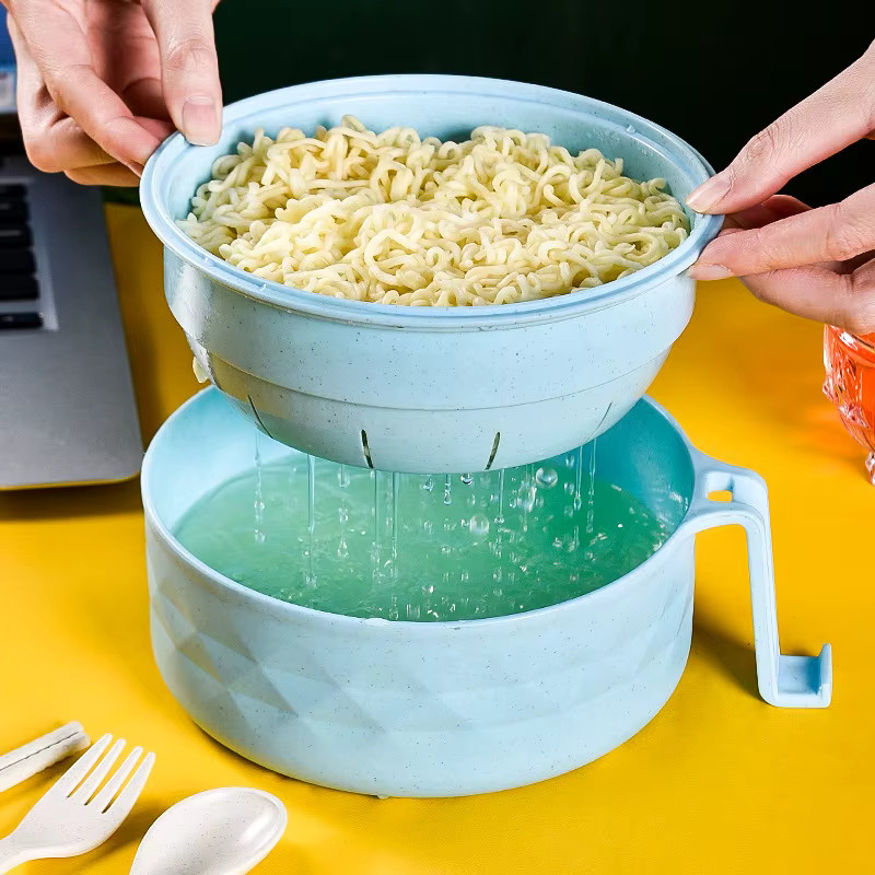 WANGYIXIN Mikrowellen-Ramen-Schüssel-Set aus Weizenstroh mit Griffen, Löffel, Essstäbchen und Gabel, Beige - Bild 3