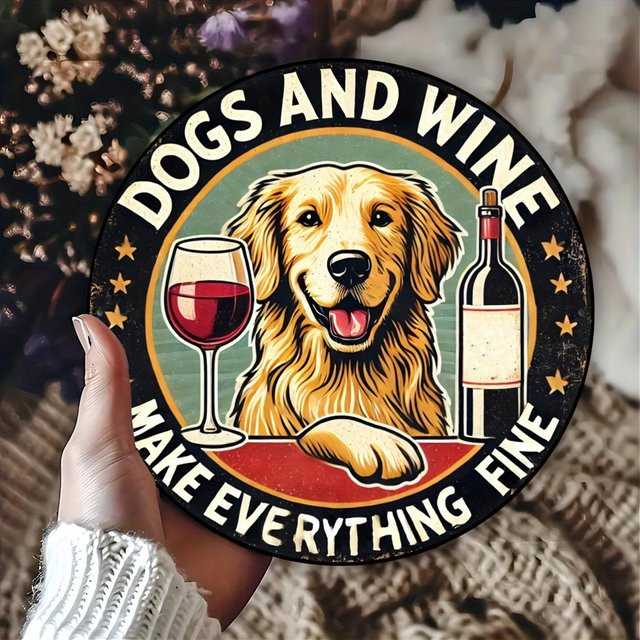 Rundes Aluminiumschild Potdemiel Hunde und Wein machen alles gut Vintage Wandkunst Multicolor Durchmesser: 20 cm - Bild 1