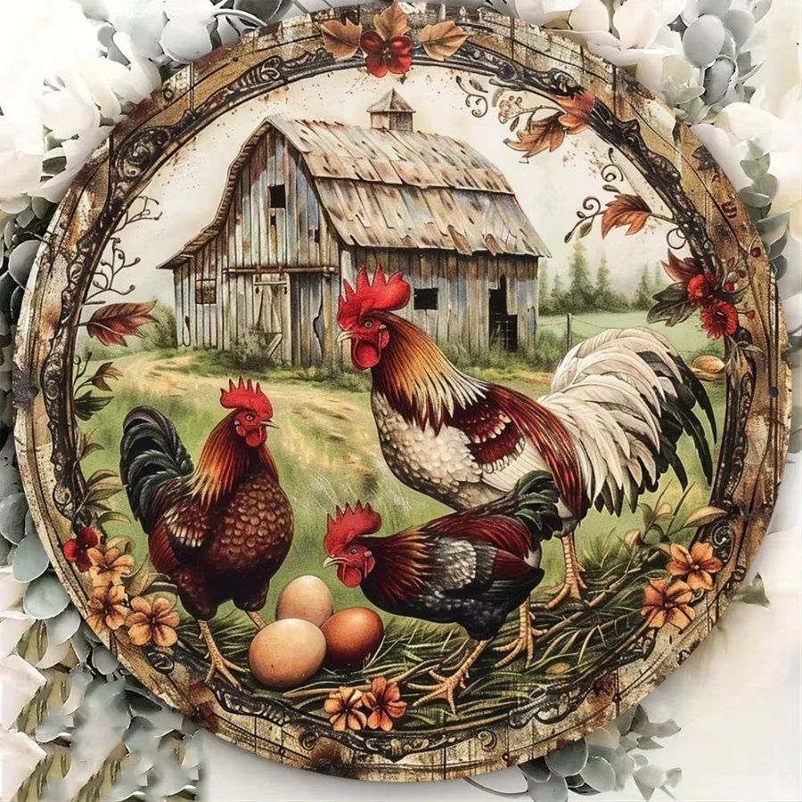 Rustikales Vintage Bauernhaus-Huhn-Metallschild von Hello Young in Weiß mit Blumen und Eiern, B/H: 20,3 x 20,3 cm - Bild 3
