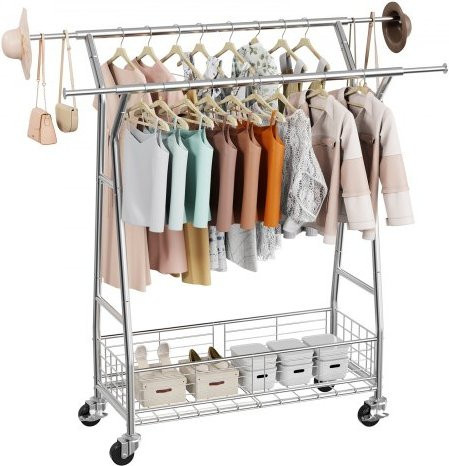 VEVOR Kleiderständer rollbar aus Karbonstahl mit 2 Kleiderstangen und Aufbewahrungskorb, silber, bis 150 kg belastbar, B/T/H: 177 x 63,5 x 63,5 cm - Bild 1