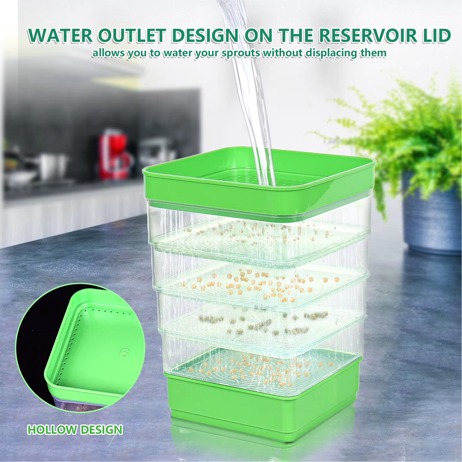 Qiilu Stapelbares Sprouter-Set in Grün für den Anbau von Sojasprossen und Microgreens, 4-stufig, B/T/H: 22,9 x 16,0 x 13,0 cm - Bild 2
