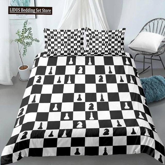 Bettwäscheset Schachbrett Design mit 3D-Druck in Schwarz und Weiß, bestehend aus Bettbezug und Kissenbezug aus Polyester, B/H: 135 x 200 cm - Bild 1