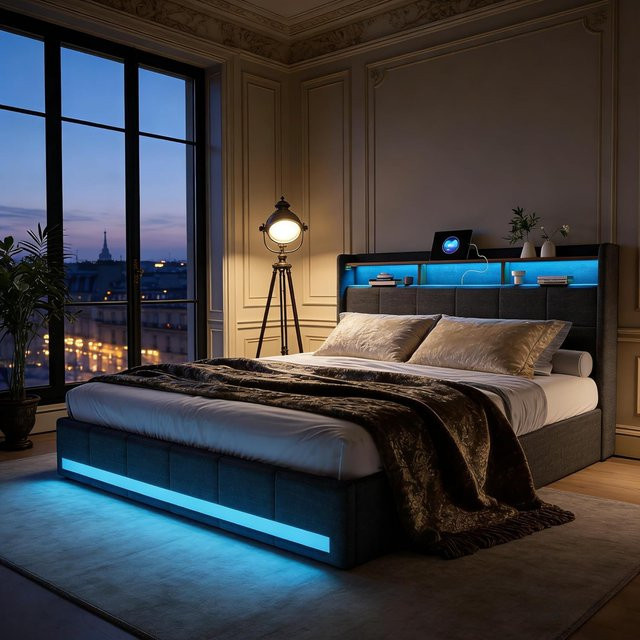 Gepolstertes Doppelbett mit Stauraum und LED-Beleuchtung in Grau, B/T: 180 x 200 cm - Bild 1