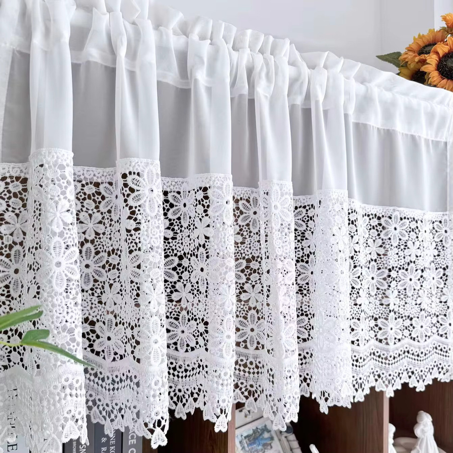 Tiyana Volantvorhang aus weißer, transparenter Spitze mit floralem Blumenmuster für Küche und Wohnzimmer - Bild 2