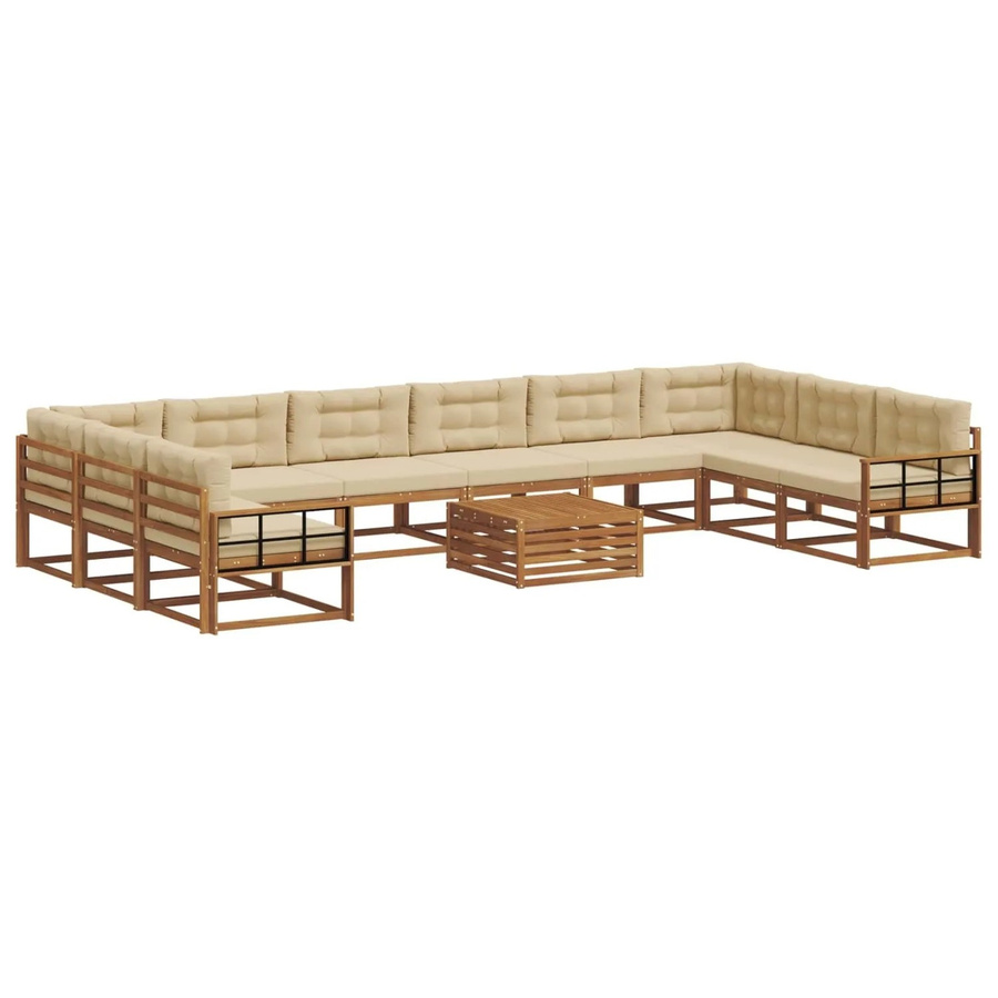 vidaXL Outdoor-Sofagarnitur aus Akazienholz in U-Form, 11-teiliges Set mit Kissen in Natur und Beige - Bild 2