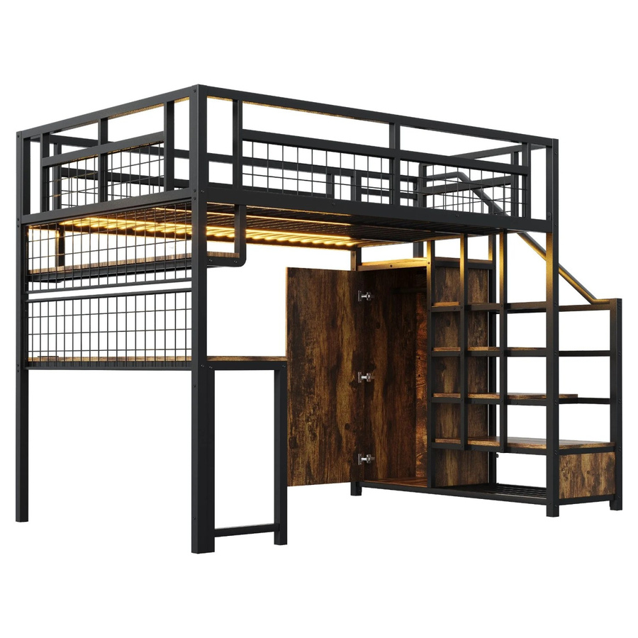 Merax Hochbett aus Metall und MDF mit LED-Unterbettbeleuchtung, Tisch und Schrank in Schwarz, B/T/H: 200 x 140 x 180 cm - Bild 2