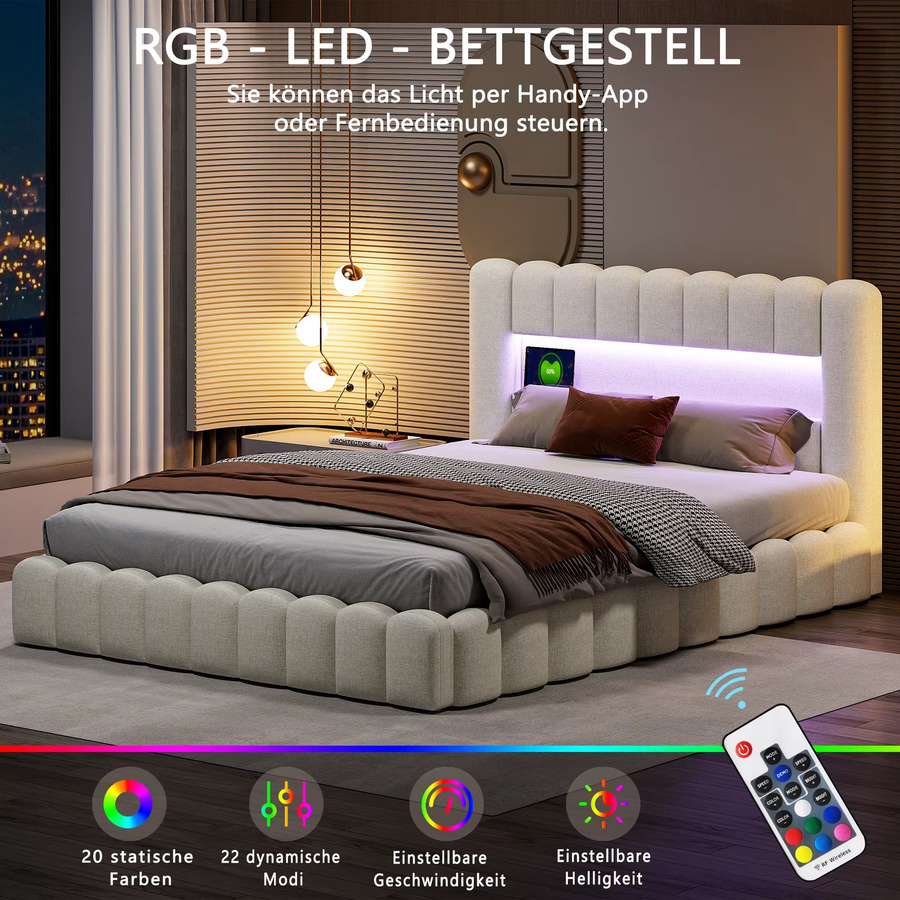 ROSAHQNDA Polsterbett mit Stauraum, Grau, B/T/H: 140 x 200 cm, modernes Doppelbett mit USB-Anschluss und LED-Beleuchtung - Bild 3