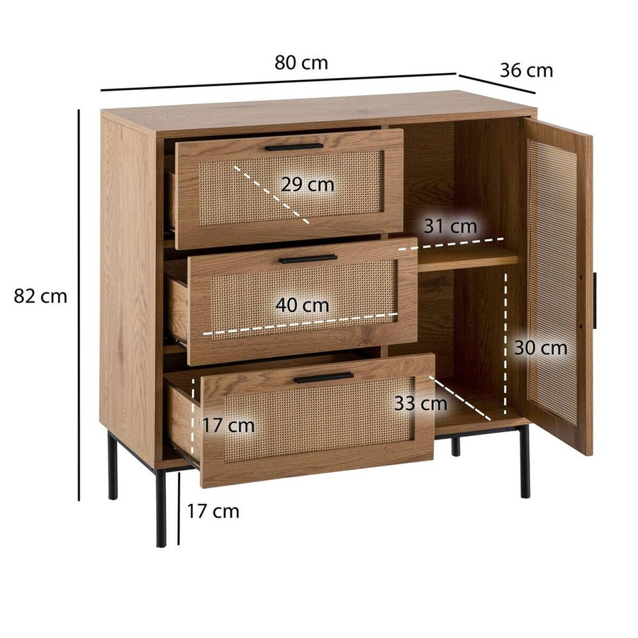 Wohnling Sideboard in Eiche Optik mit Rattan-Elementen, Farbe Natur/Schwarz, B/H/T: 80 x 82 x 36 cm - Bild 3