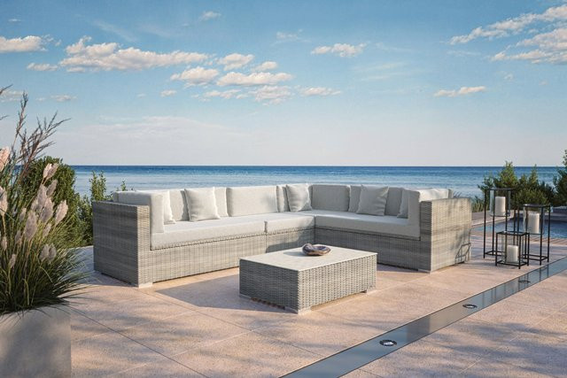 OUTFLEXX Gartenlounge für 6 Personen in Beige, modulares Polyrattan-Set mit Aluminiumgestell und integrierter Kissenbox - Bild 1